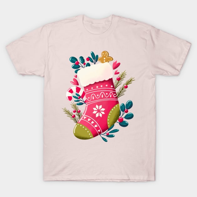 Christmas stocking with decoration on mint background. Cute festive winter holiday illustration. Bright colorful pink and blue design. T-Shirt by BlueLela